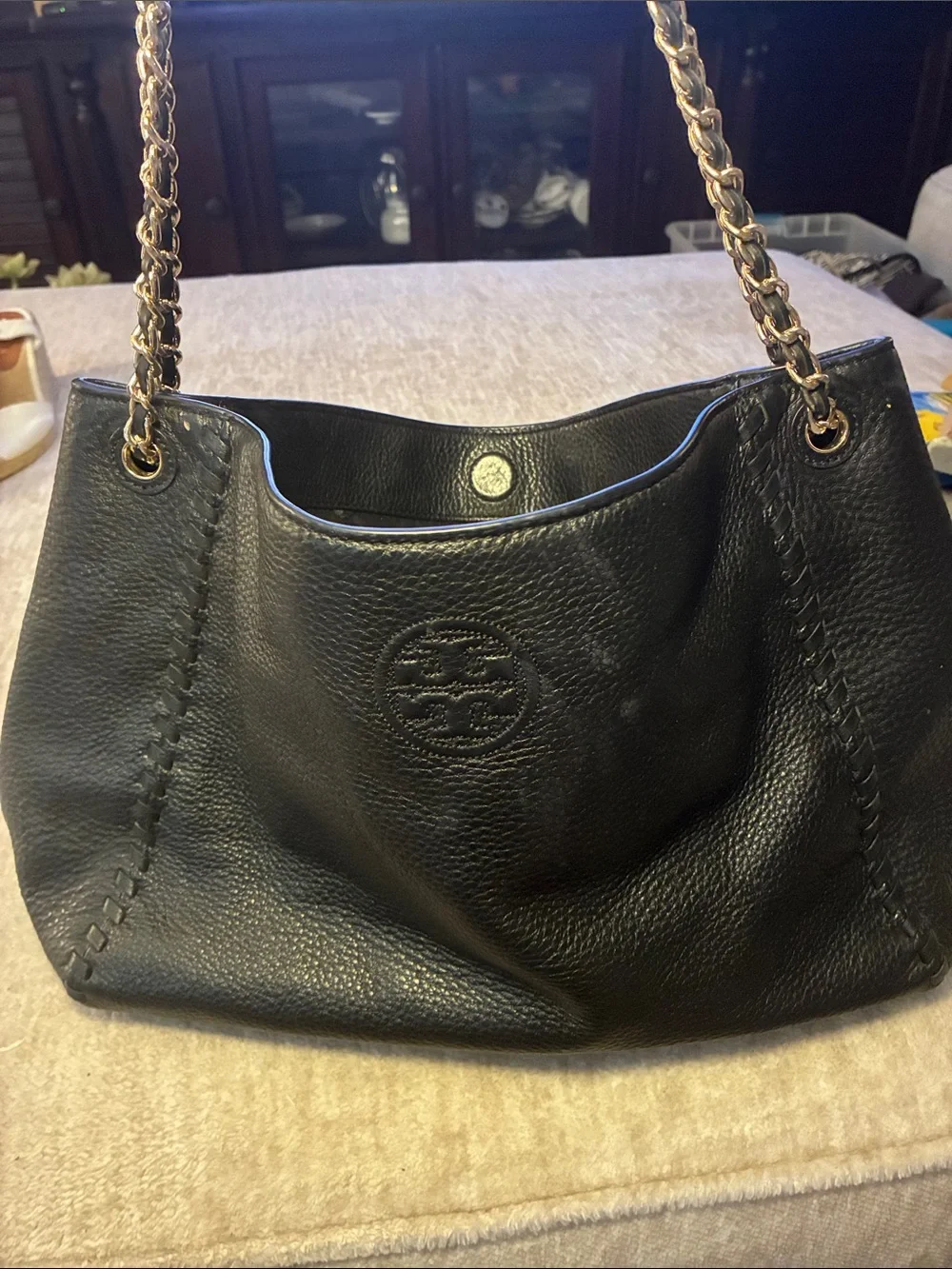Tory Burch Black Pebbled Leather Chain-Handle Shoulder Bag